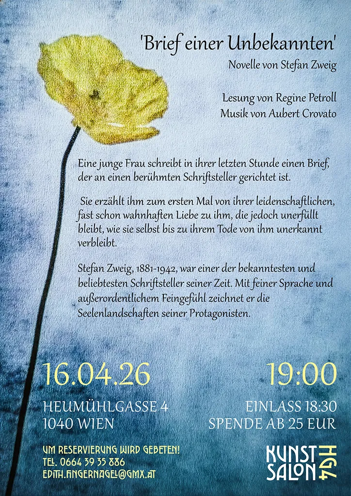 Brief einer Unbekannten - Lesung mit Musik im Kunstsalon HG4 1040 Wien - Lesung von Regine Petroll und Musik von Aubert Crovato