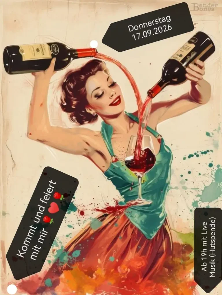 Vintage-Illustration einer Frau, die Wein einschenkt, als Flyer-Einladung zu Ediths Geburtstagsparty mit Live-Musik im Kunstsalon HG4 in Wien am 17.09.2026.