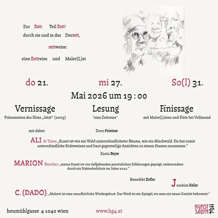 Kunstsalon HG4: Einladung zur Veranstaltunng Das goldene ABC - eine Zeitreise - Ali al Taiee, Marion Bancher - C. DADO - Mai 2026